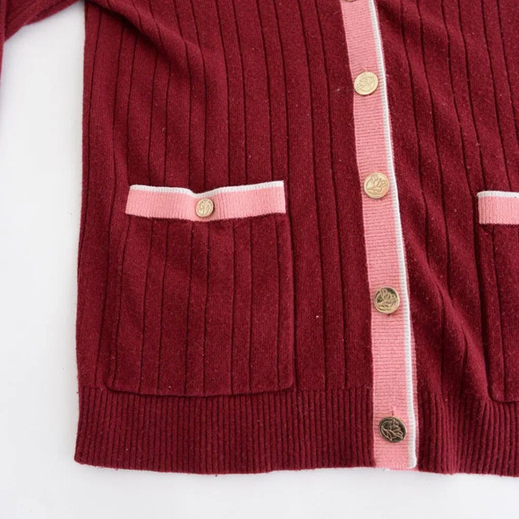 Draper James Maroon Pink 4% Cashmere 20% Wool Gold Button Up Cardigan Sweater S - Picture 8 of 10